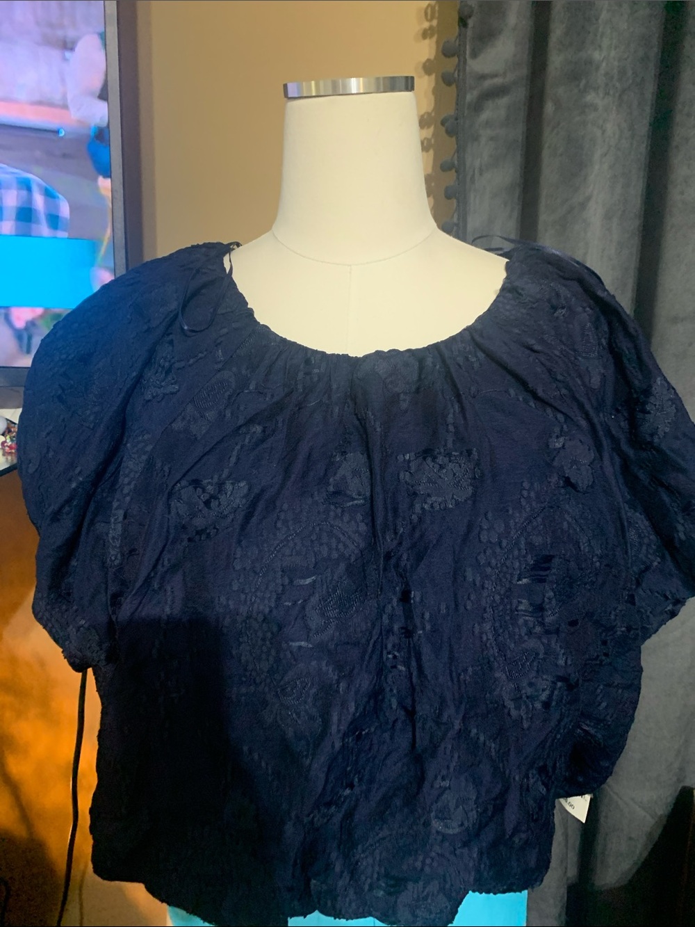Women's Navy Lace Peasant Blouse - Classic Boho Top